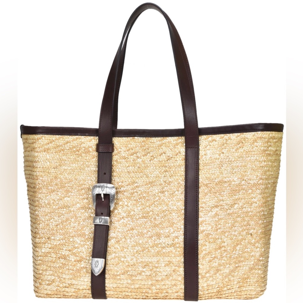 KATE CATE Spina straw bag 100% Real leather logo western belt buckle